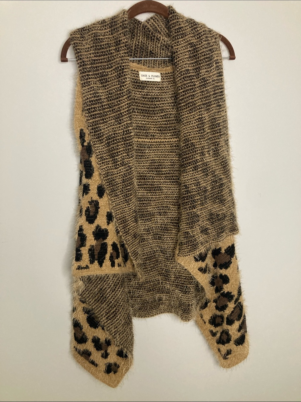 Leopard-Accent Fuzzy Open-Front Sweater Vest - Beige/Black